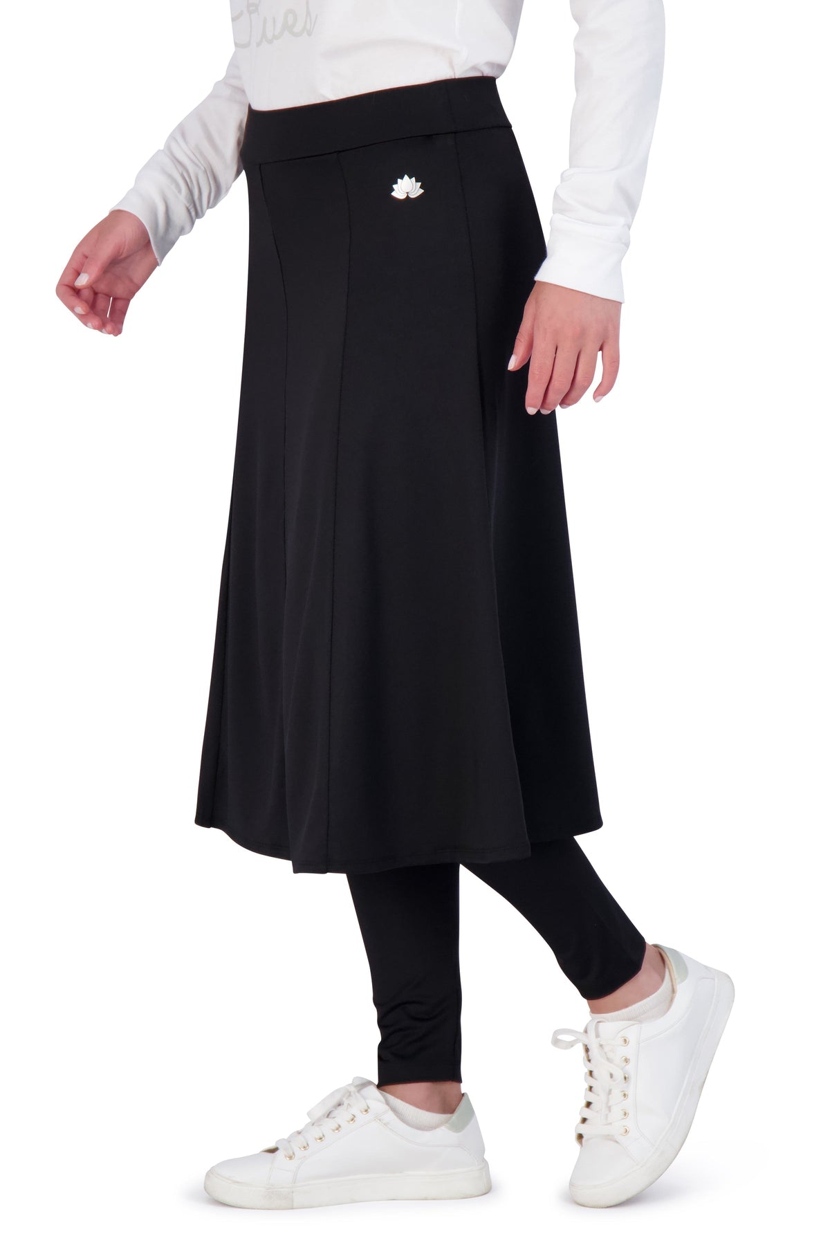 Snoga Athletics black ankle ballet skirt with attached leggings, white lotus logo, side view