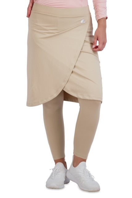 Snoga Athletics hummus faux wrap ankle skirt with leggings, modest activewear for women