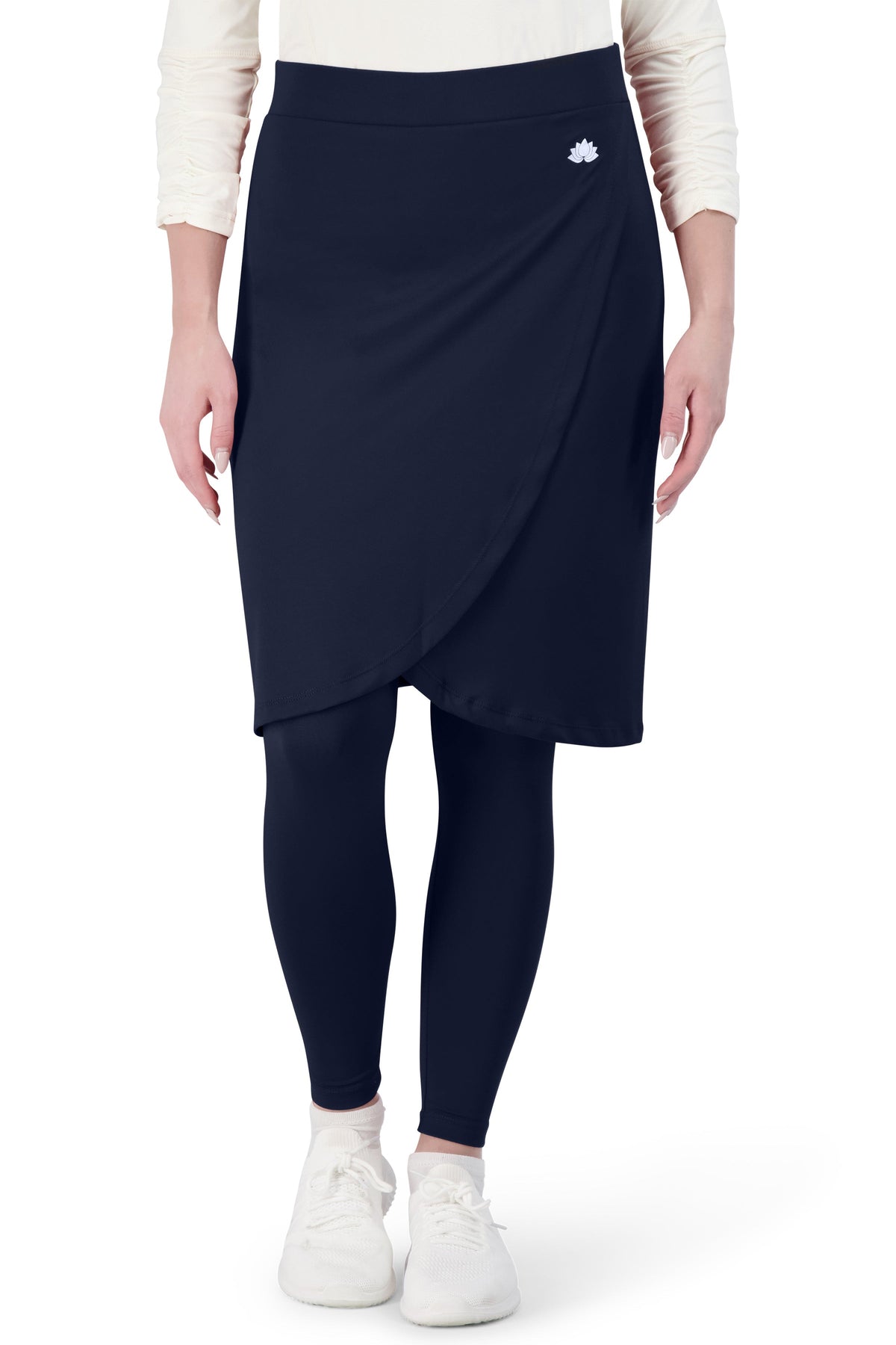 Snoga Athletics navy faux-wrap modest athletic skirt with attached leggings
