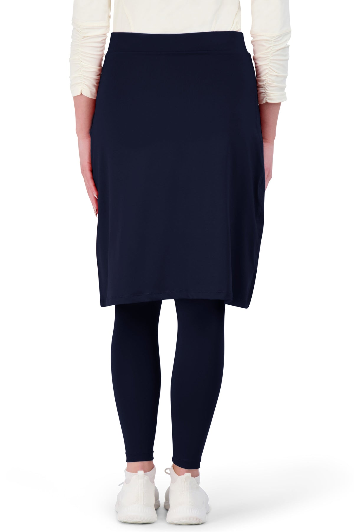 Snoga Athletics navy blue ankle faux wrap skirt with attached leggings, back view