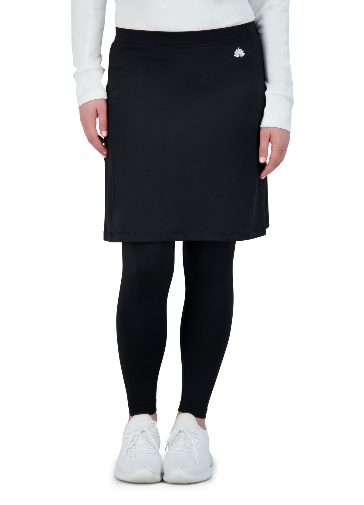 Snoga Athletics black ankle-length skirt with leggings, front view, modest activewear