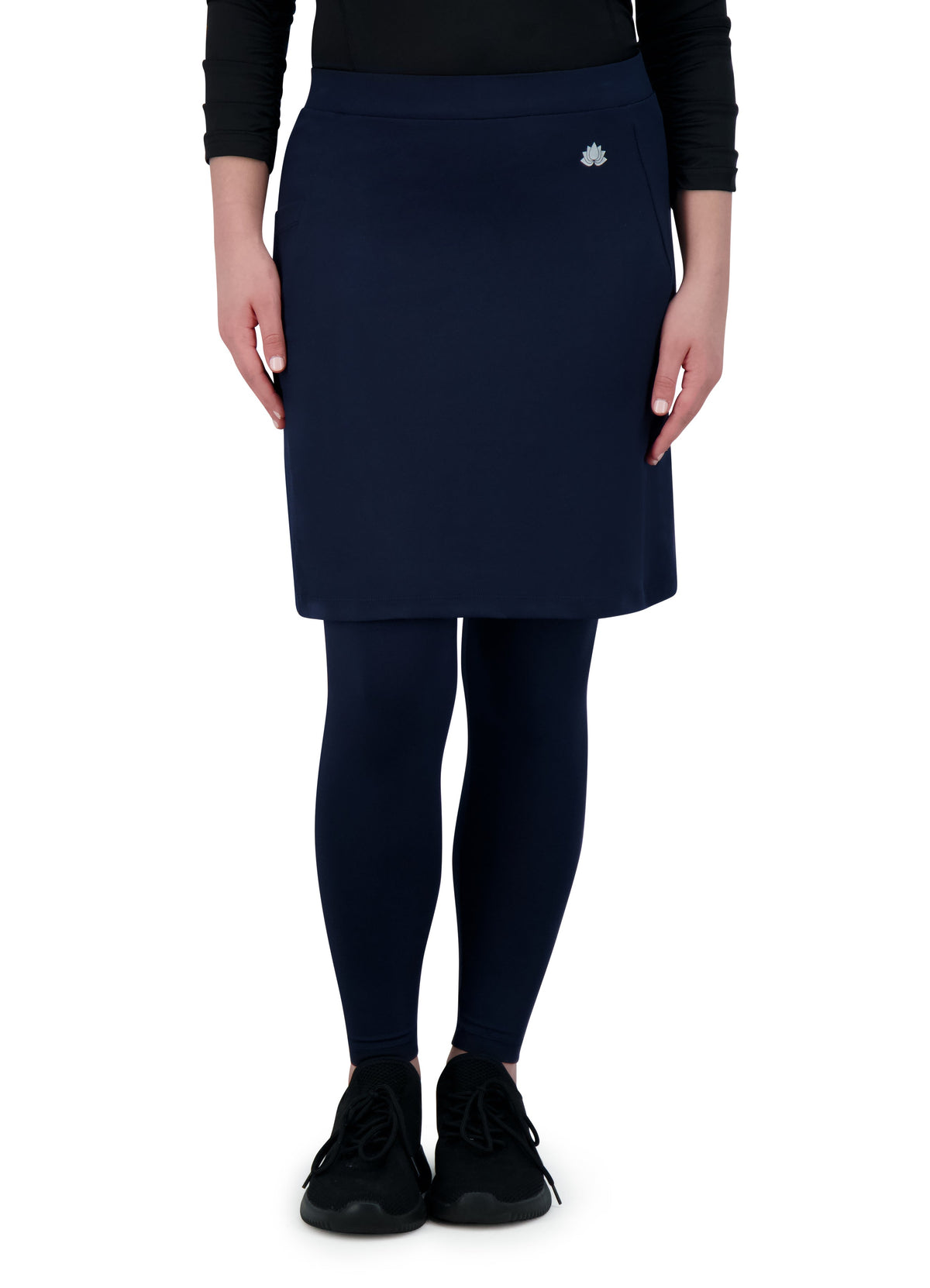 Snoga Athletics navy blue modest skirted leggings for women, front view