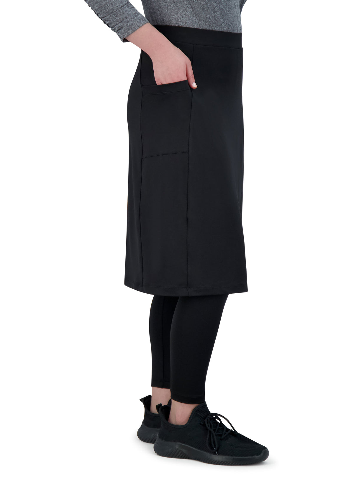 Snoga Athletics black ankle-fit modest skirt with leggings and side pocket