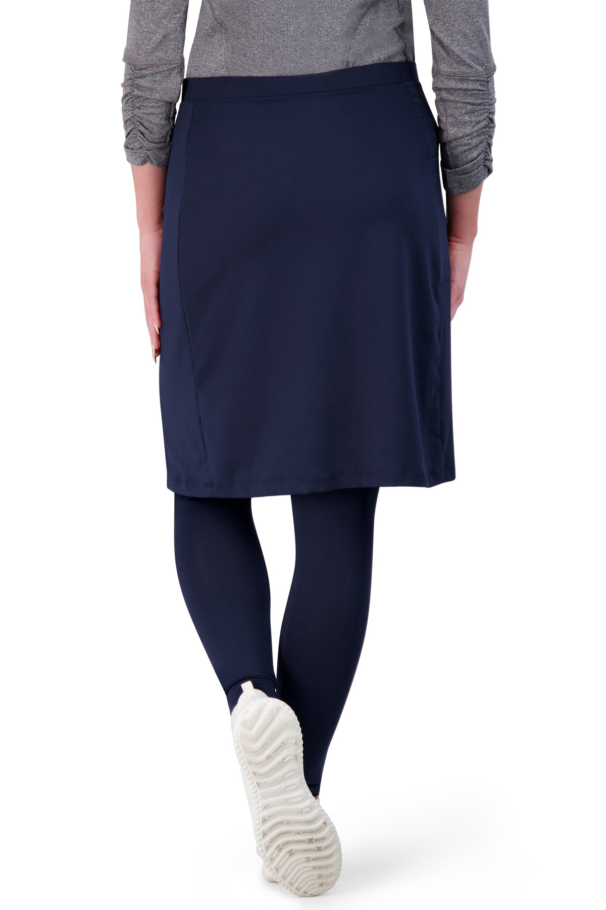 Snoga Athletics navy ankle-fit modest athletic skirt with attached leggings, rear view