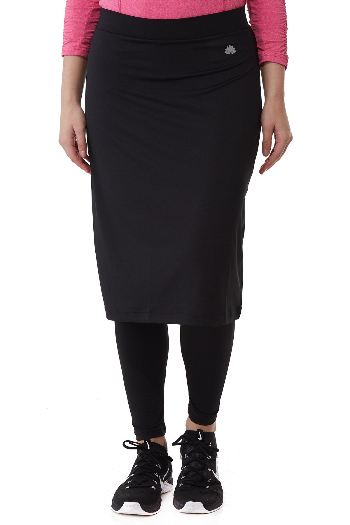 Snoga Athletics black ankle-length modest skirt with attached leggings, front view