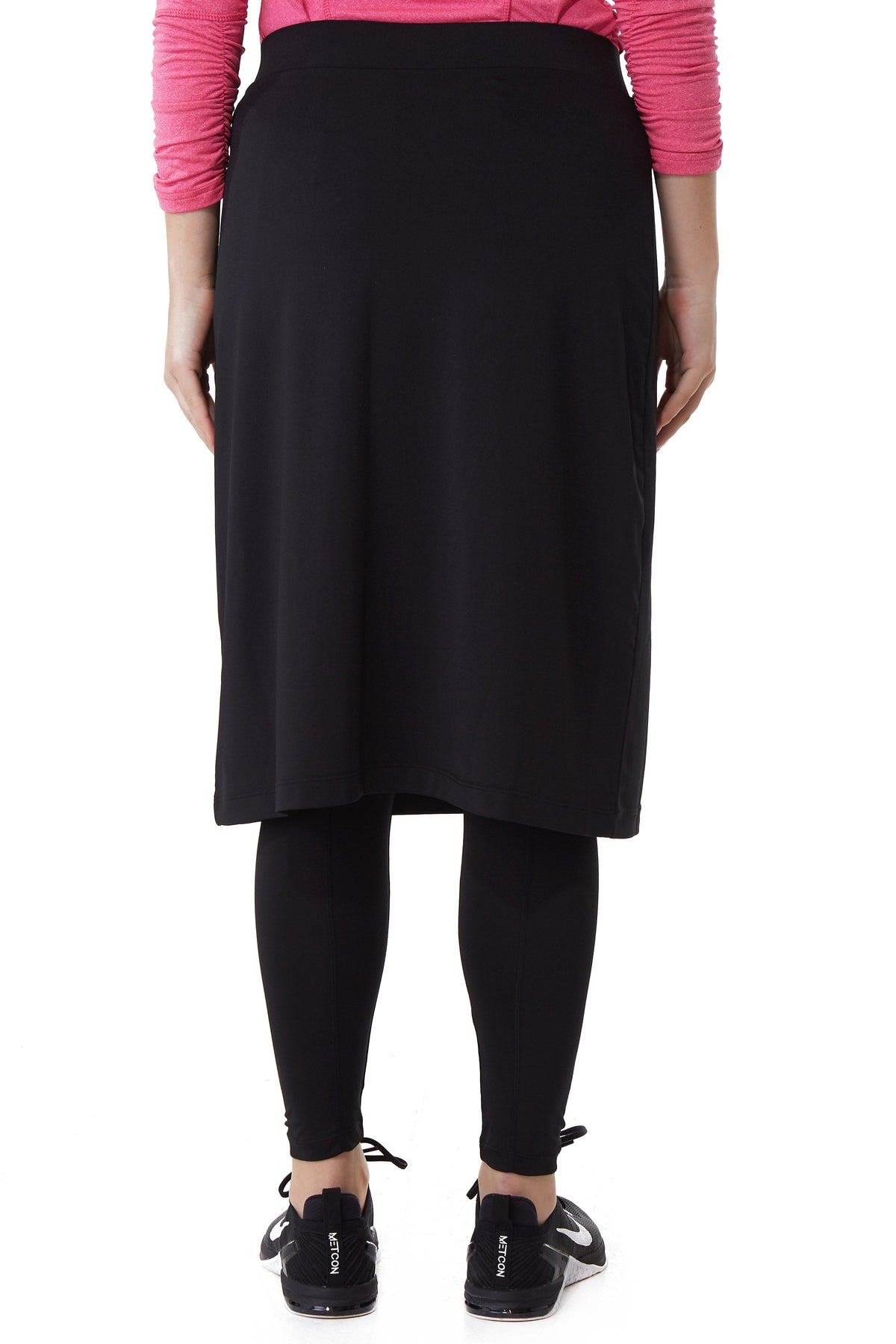 Snoga Athletics black ankle midi skirt with attached leggings, rear view