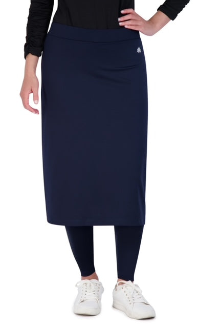 Snoga Athletics navy ankle midi modest skirt with attached leggings and white sneakers