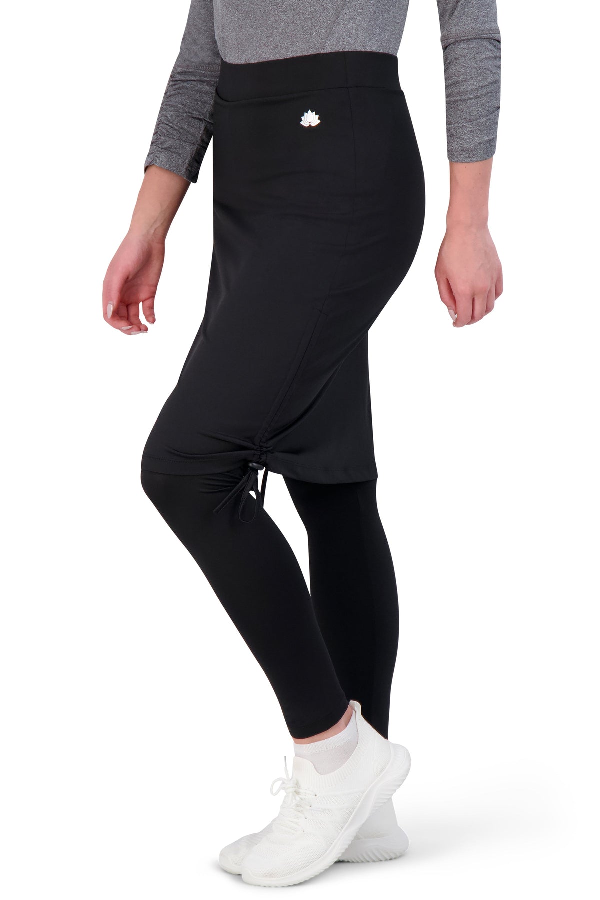 Snoga Athletics black ankle-tie skirt leggings with lotus logo, side view