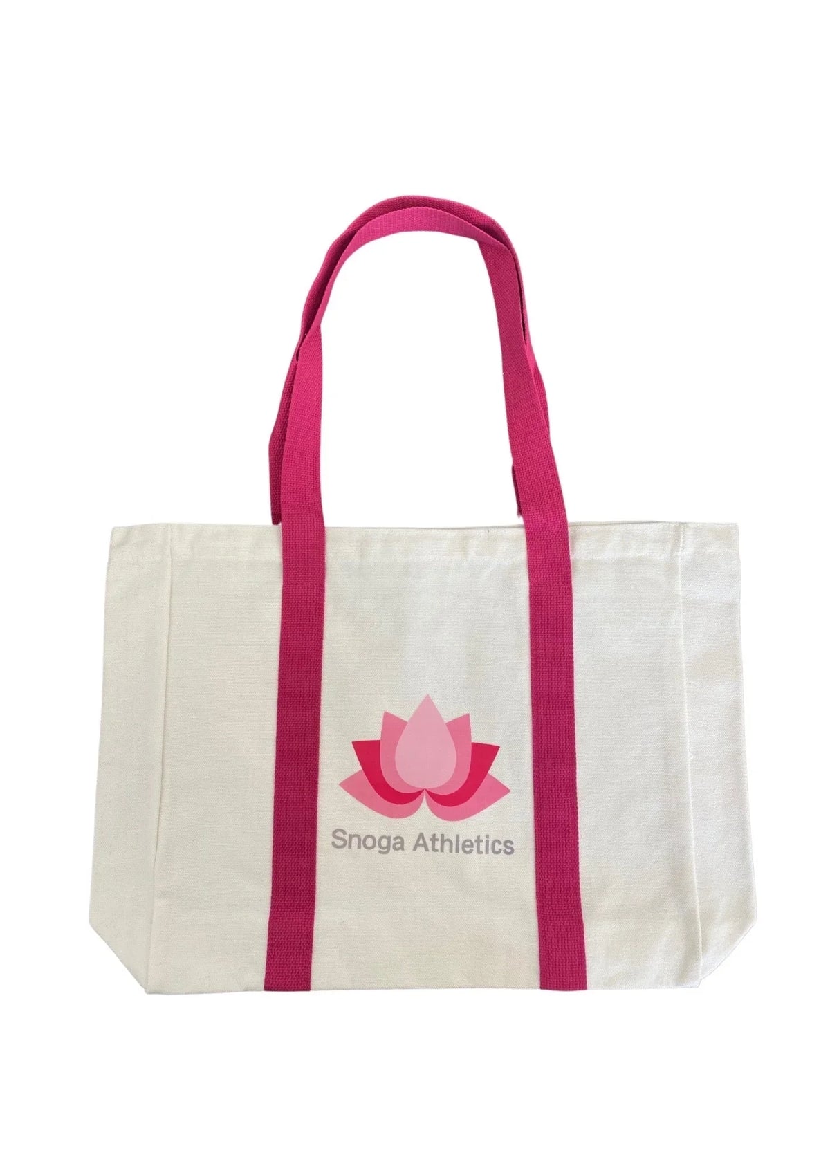 Snoga Athletics canvas tote bag with pink handles and lotus flower logo