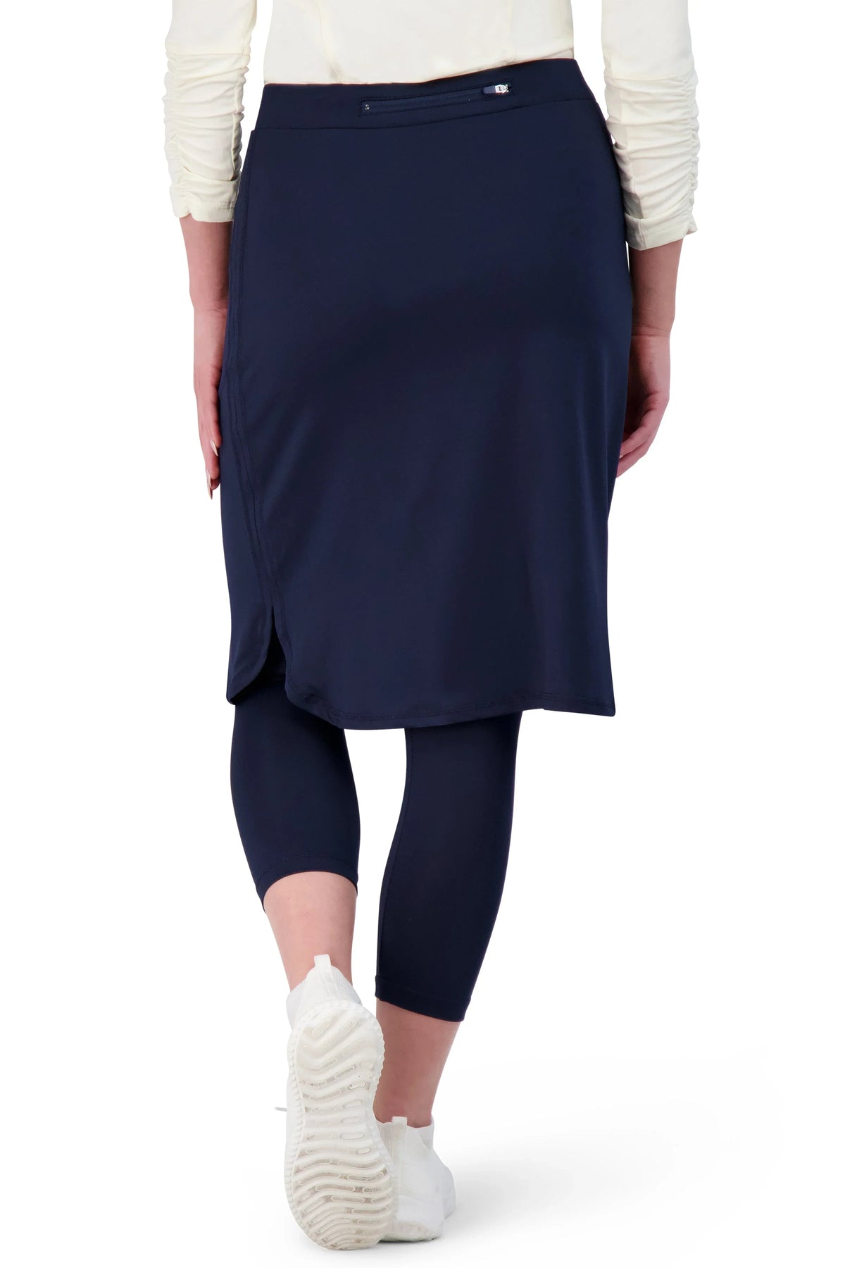 Snoga Athletics navy cropped shirttail skirt with attached leggings, back view