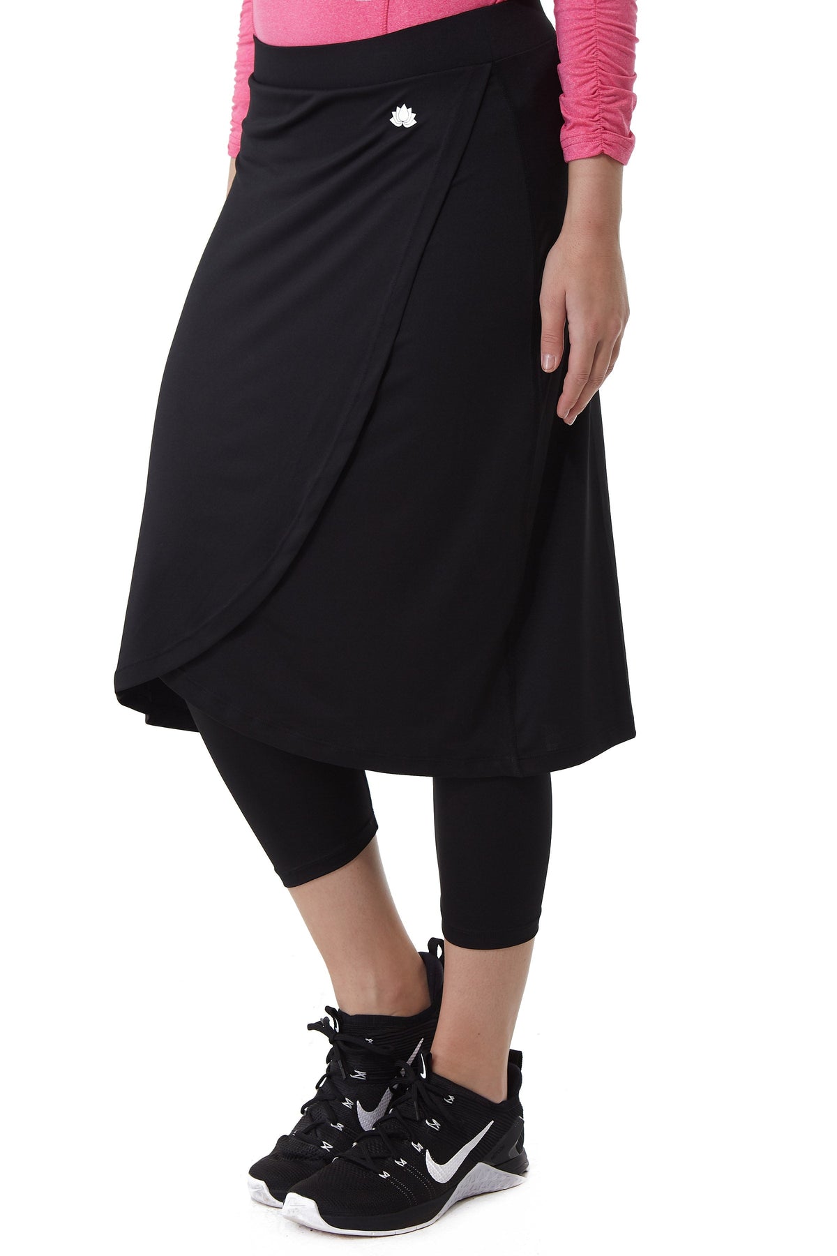 Snoga Athletics black faux wrap modest activewear skirt with attached leggings