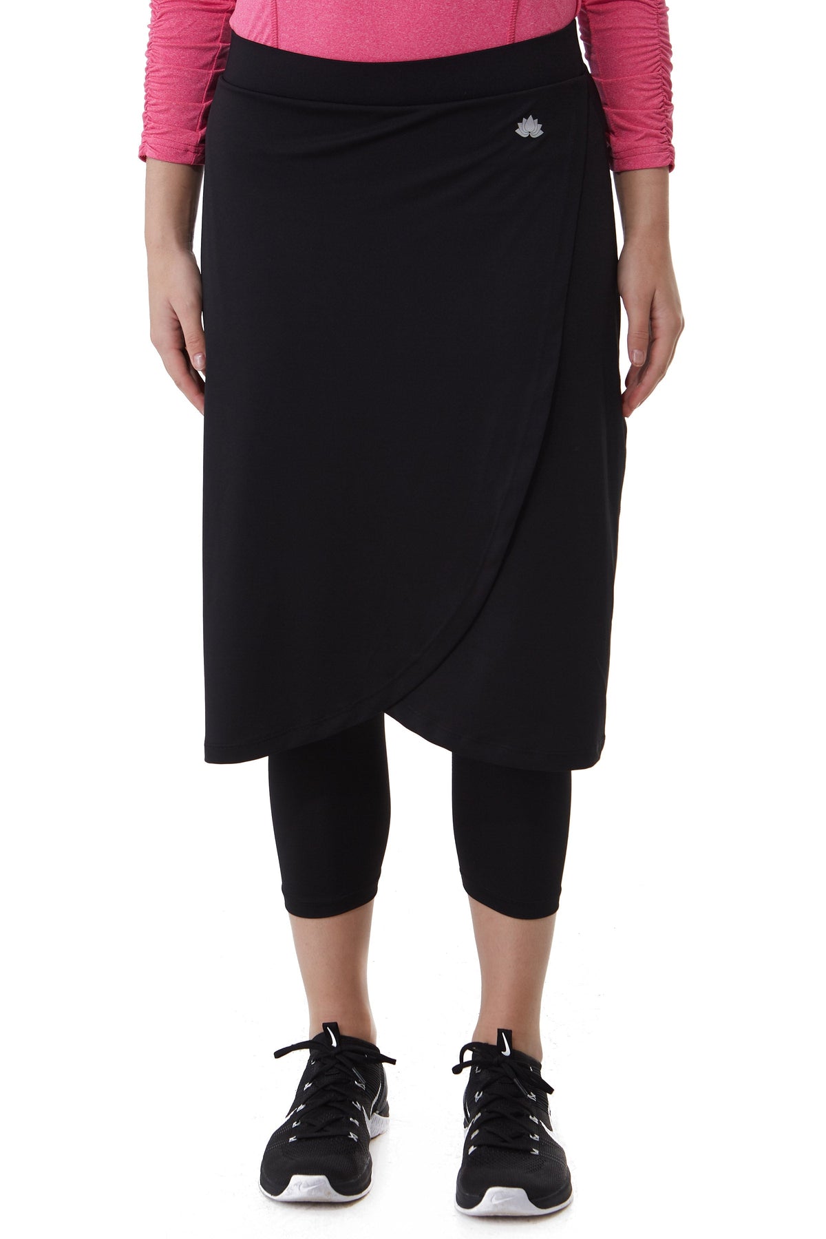 Snoga Athletics black faux wrap modest activewear skirt with built-in leggings