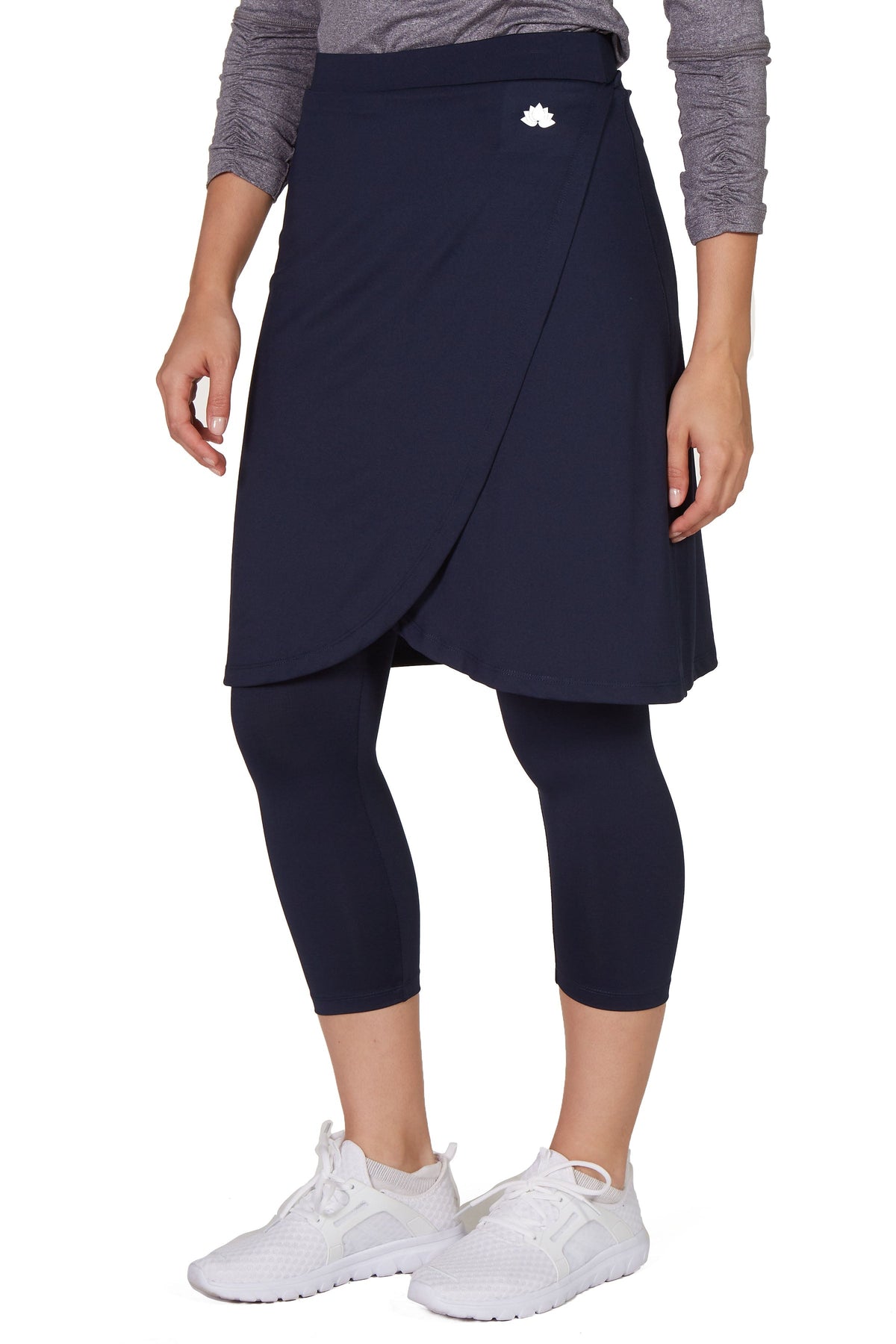 Snoga Athletics navy faux wrap modest athletic skirt with attached leggings
