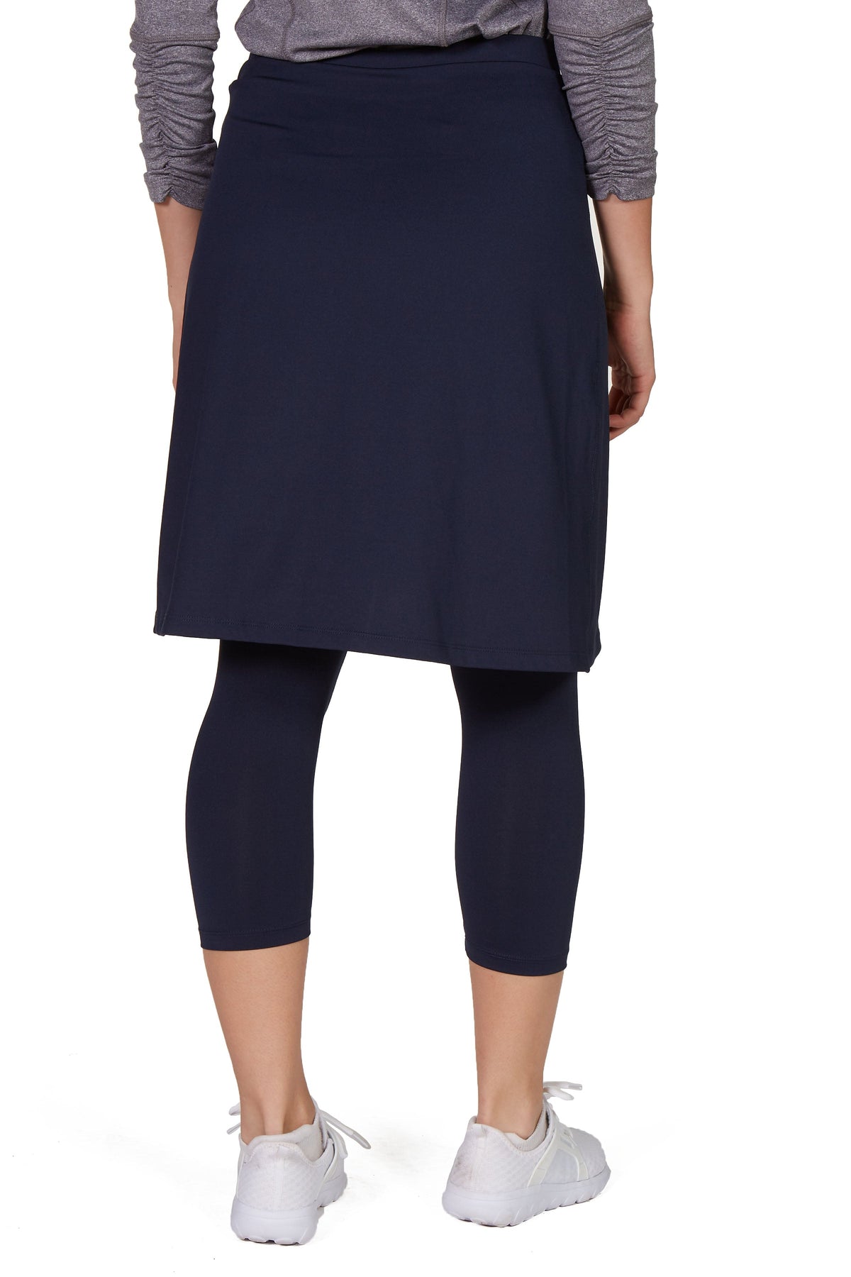 Snoga Athletics navy faux wrap skirt with attached leggings, back view