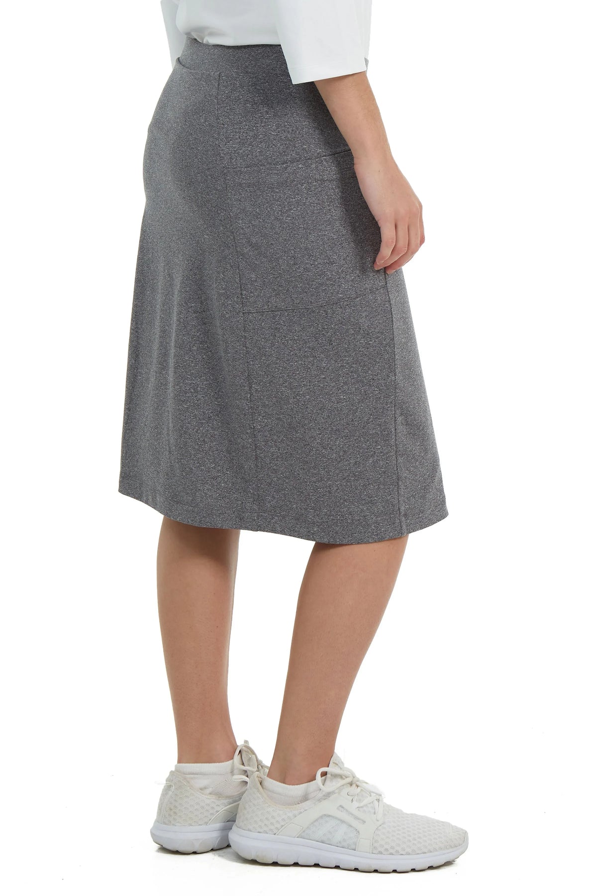 Snoga Athletics heather grey athletic skort, modest fit, side view