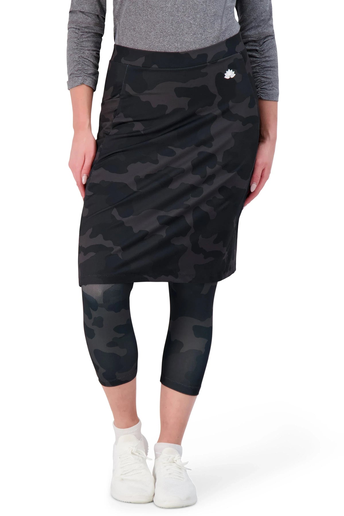 Snoga Athletics black camo modest skirt with attached leggings, athletic wear