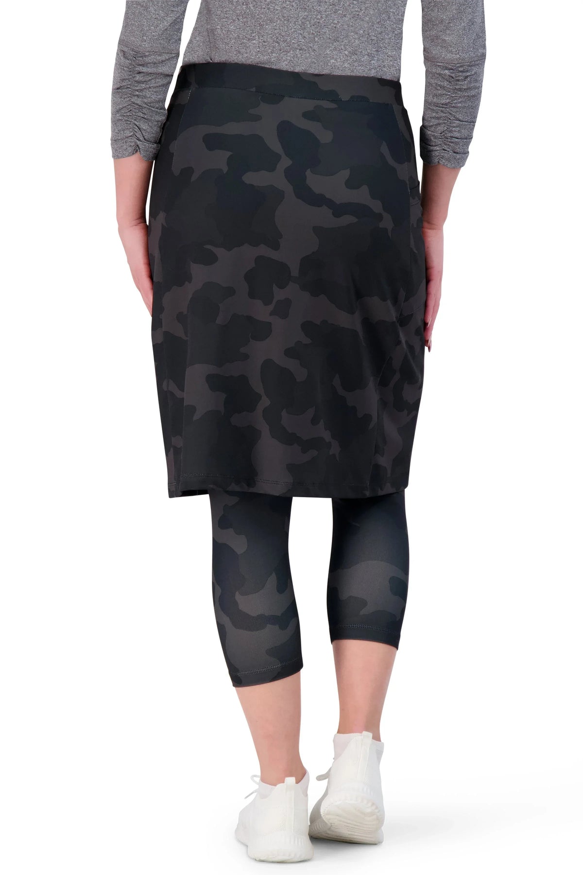 Snoga Athletics black camo modest skirt with attached leggings, rear view