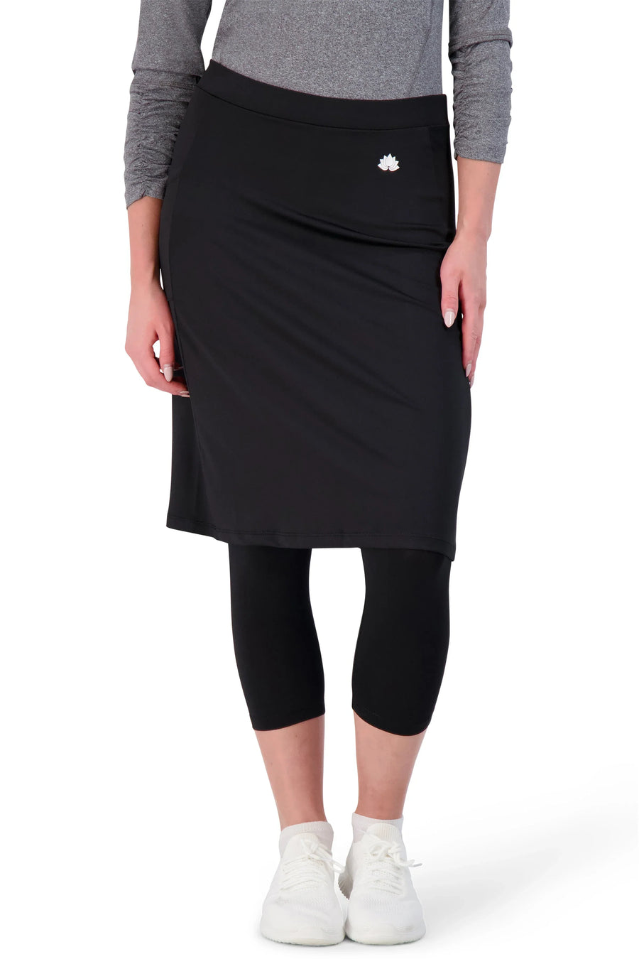 Snoga Athletics black skirted leggings with lotus logo, modest activewear for women