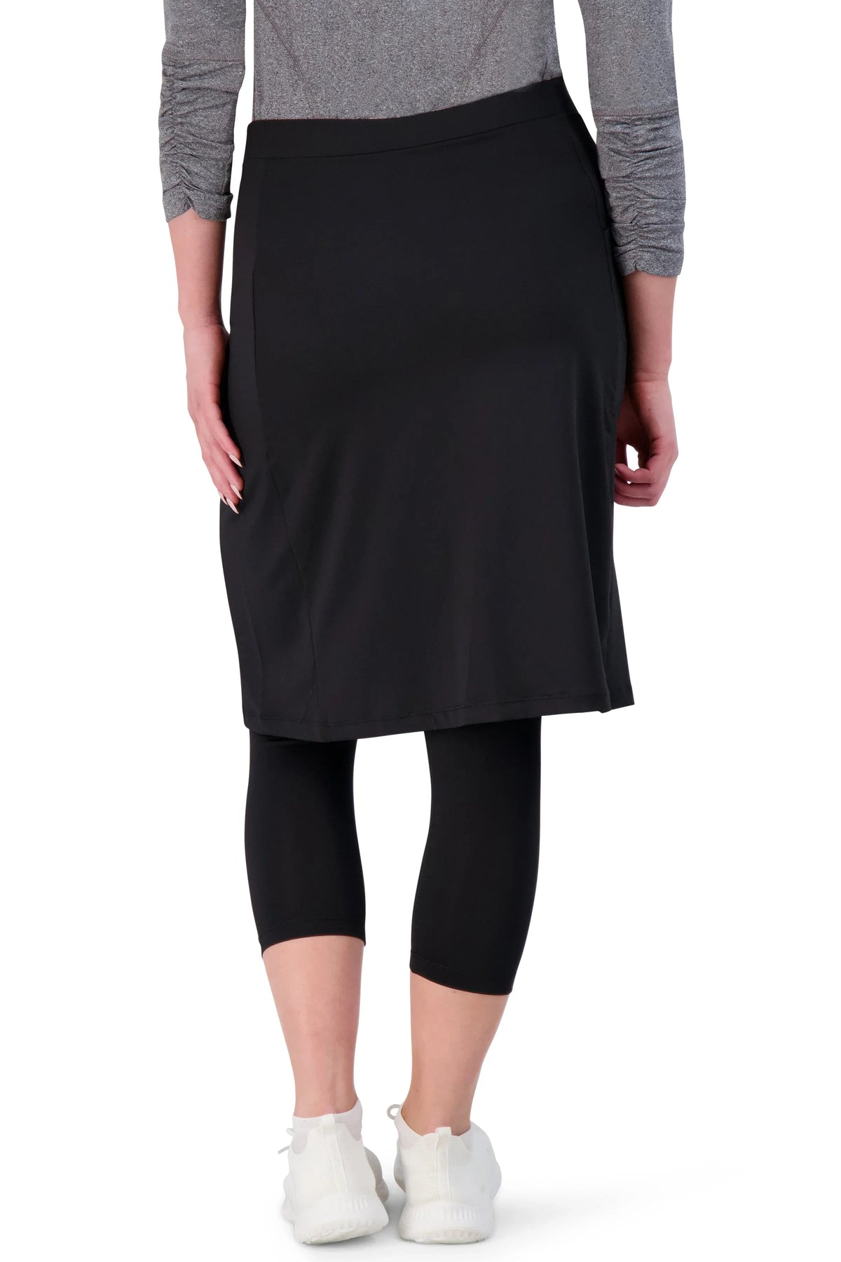 Snoga Athletics black skirted leggings with calf-length fit, rear view