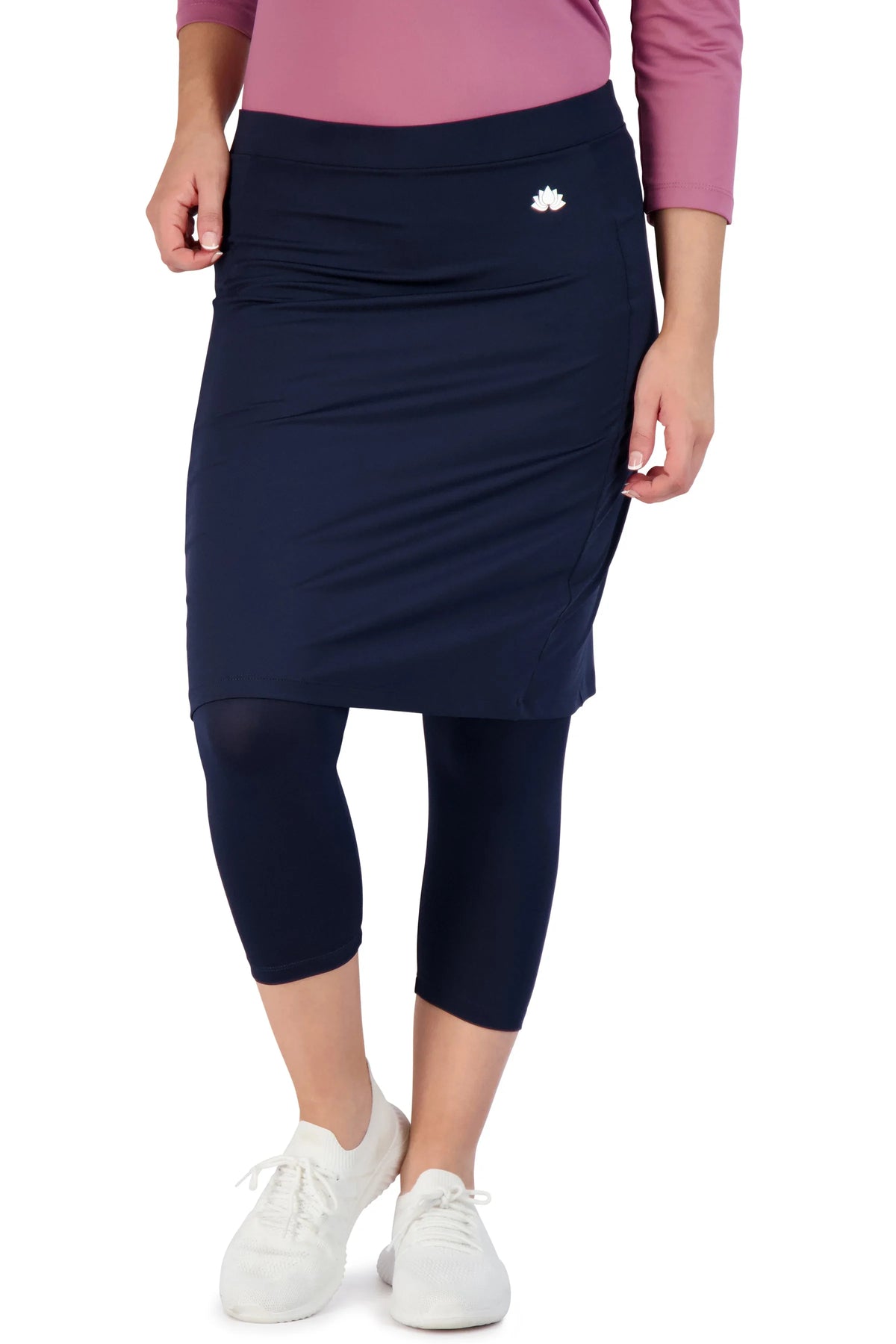 Snoga Athletics navy modest athletic skirt with attached leggings and lotus logo