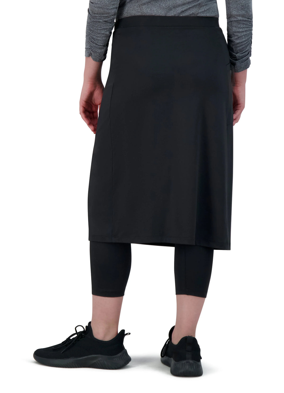 Snoga Athletics black modest athletic skirt with attached leggings, back view