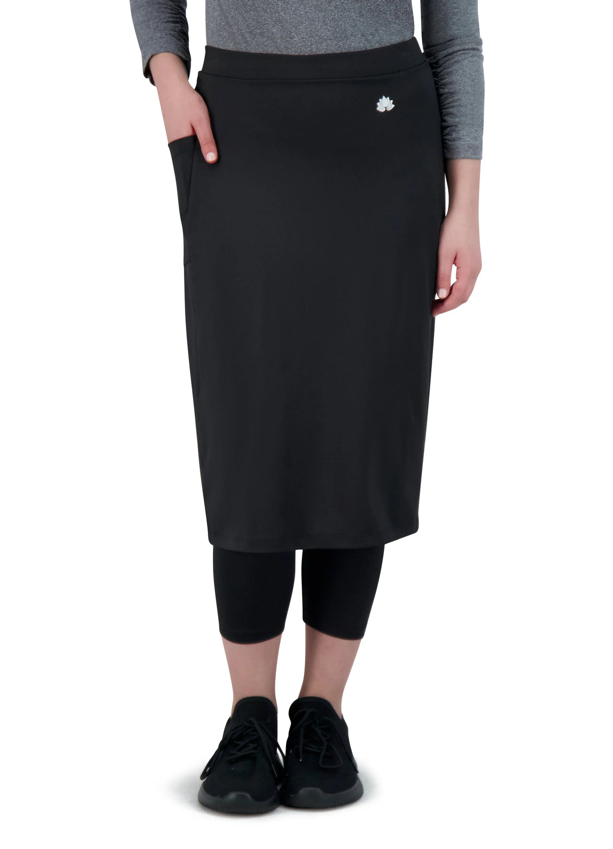 Snoga Athletics black modest skirt with attached leggings and side pocket, front view