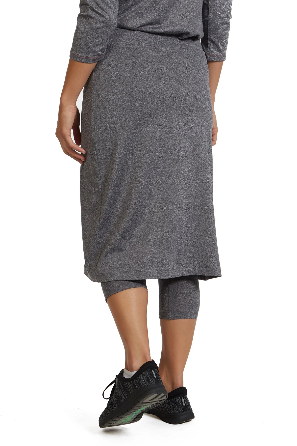 Snoga Athletics heather grey midi modest skirt with attached leggings, back view
