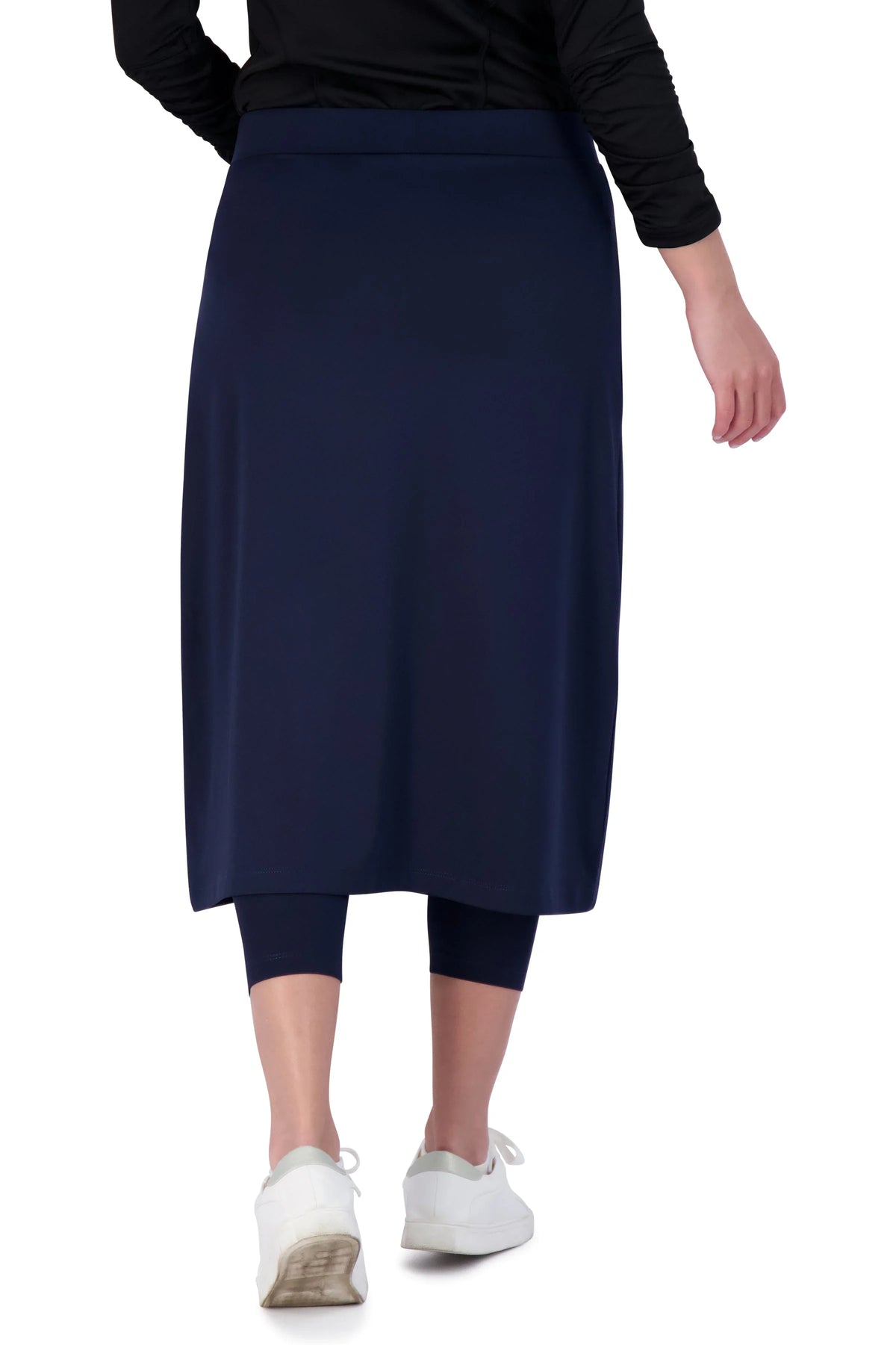 Snoga Athletics navy midi athletic skirt with attached leggings, back view
