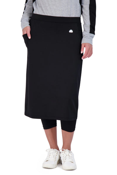Snoga Athletics black modest active skirt with attached leggings, below the knee length