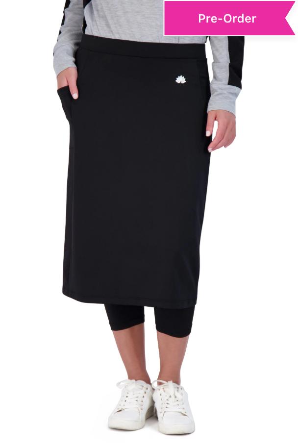 Snoga Athletics black modest active skirt with attached leggings, below the knee length