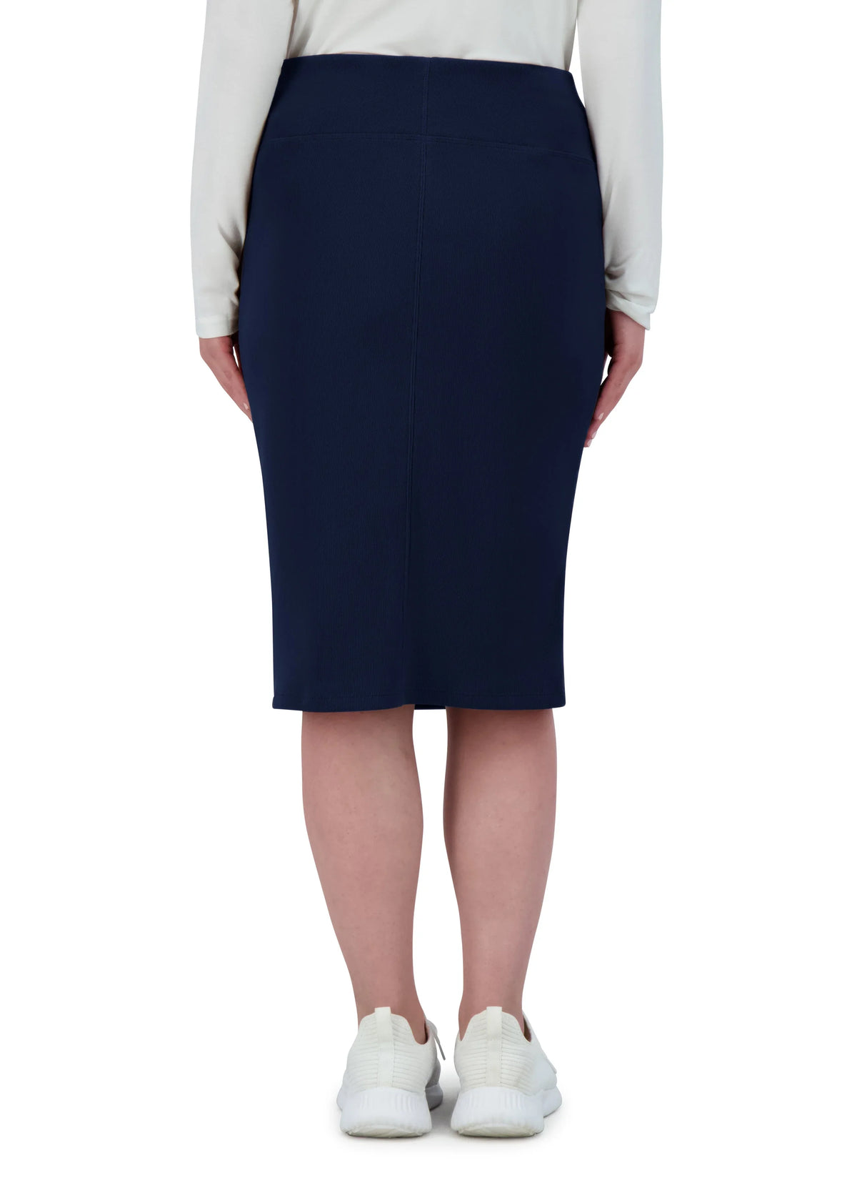 Snoga Athletics navy ribbed knee-length pencil skirt, back view, paired with sneakers