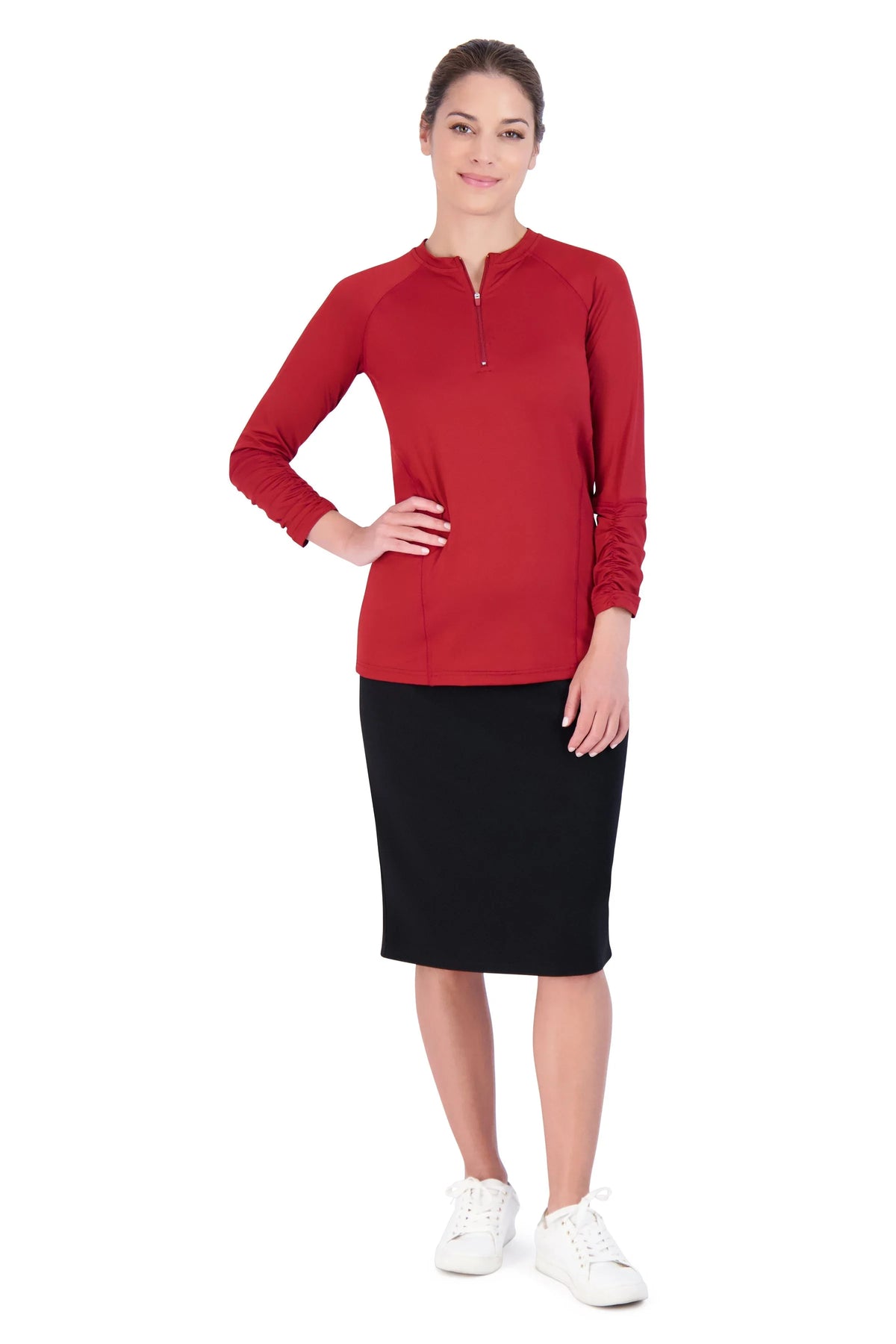 Woman wearing Snoga Athletics black pencil skirt and red long-sleeve top on white background