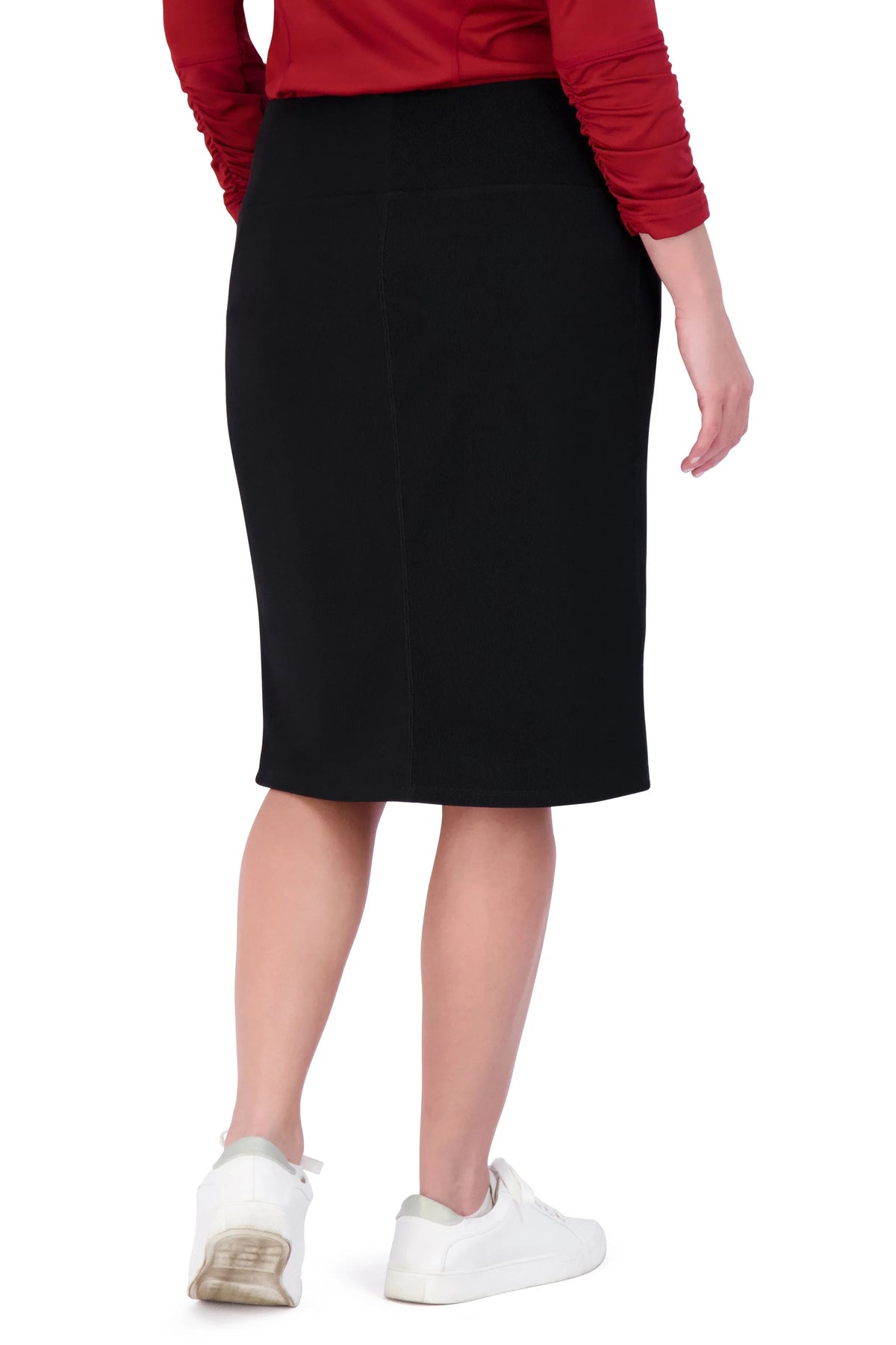 Snoga Athletics black ribbed pencil skirt, stretch fabric, back view, casual style