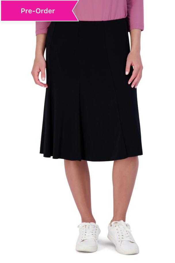 Snoga Athletics black twirly skirt, knee-length, flowy activewear, front view