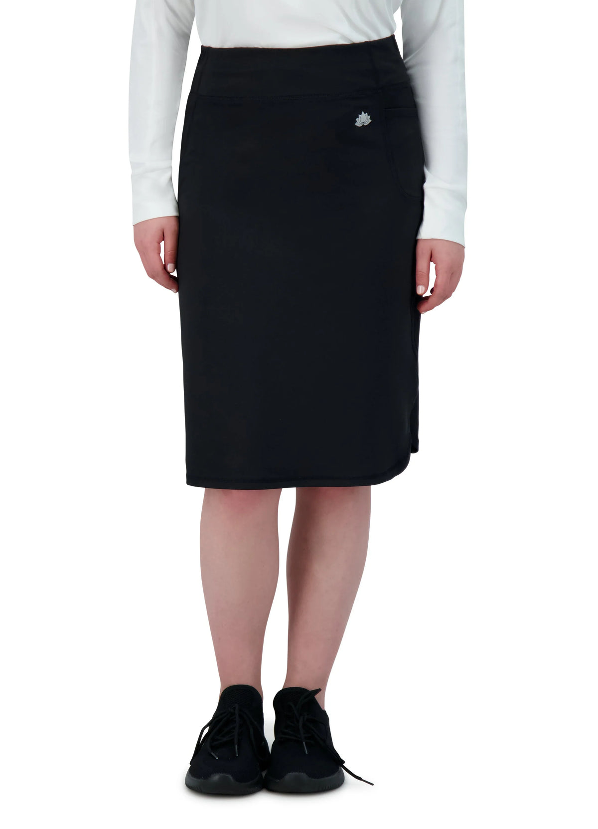 Snoga Athletics black sport pocket fitness skirt with modest knee-length design