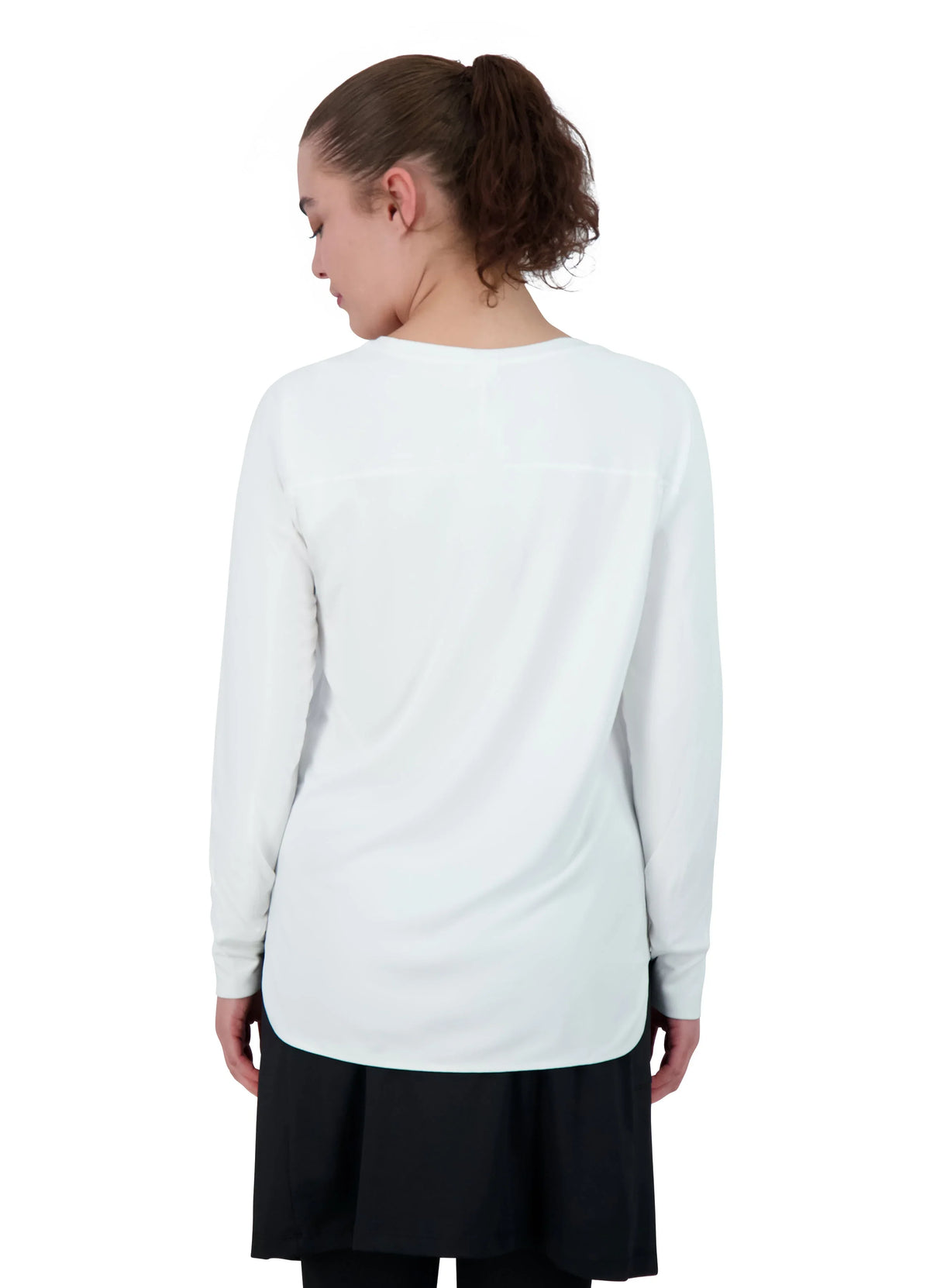 Woman wearing Snoga Athletics white long sleeve relaxed fit active top, back view