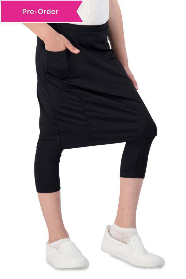 Snoga Athletics girls' black skirted leggings with pocket, modest activewear