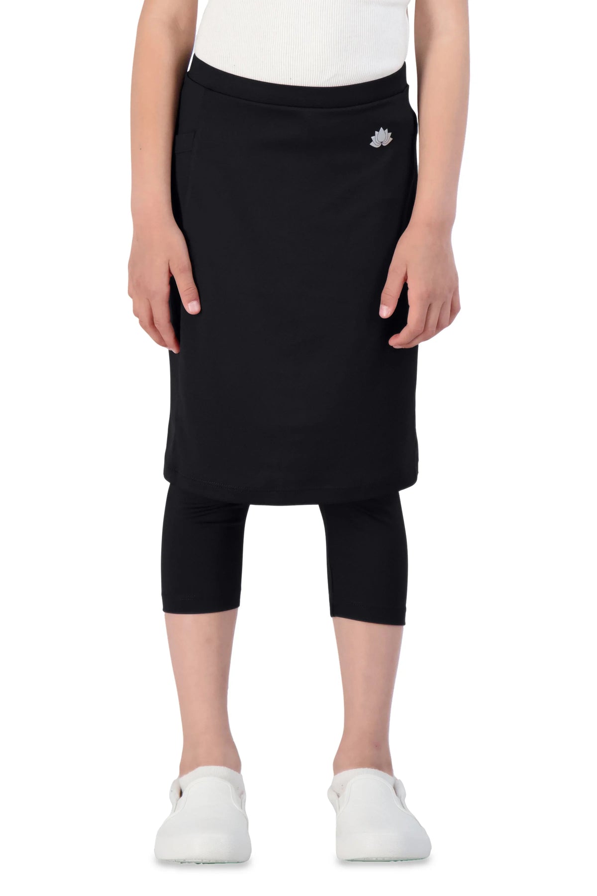 Snoga Athletics girls black skirted leggings with pocket, modest activewear