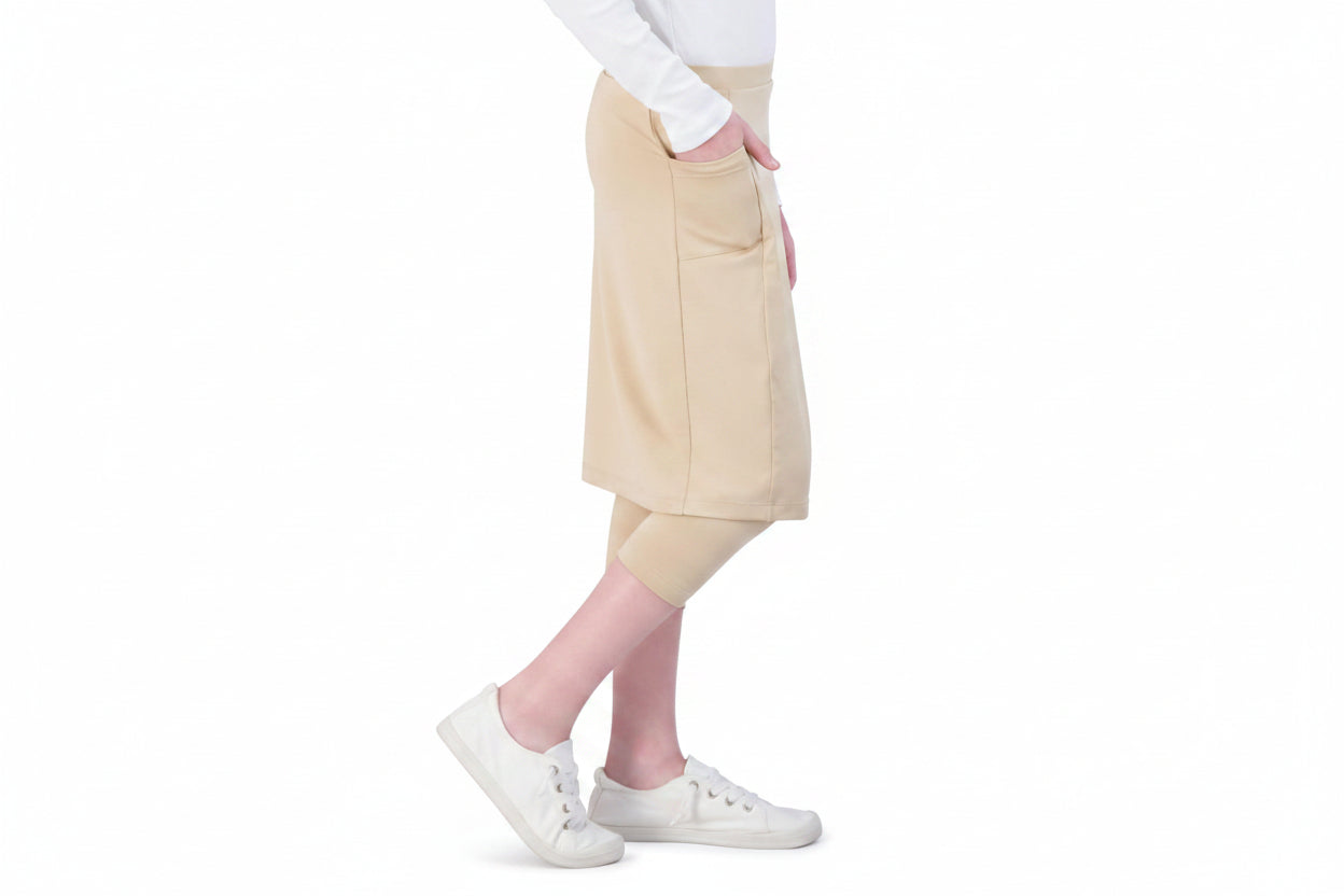 Snoga Athletics girls beige skirted leggings with pocket, modest activewear