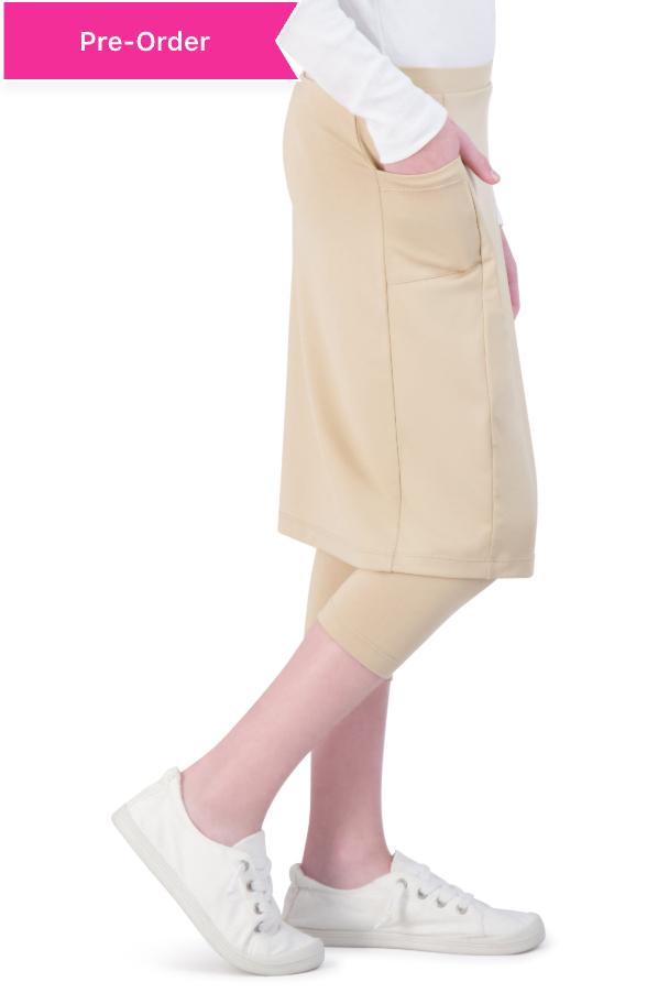 Snoga Athletics girls beige skirted leggings with pocket, modest activewear