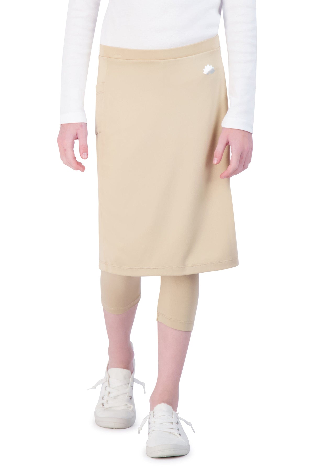 Snoga Athletics girls tan skirted leggings with side pocket, modest activewear