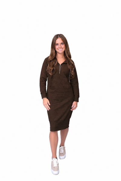 Zip Neck Sweatshirt Dress - Hot Fudge